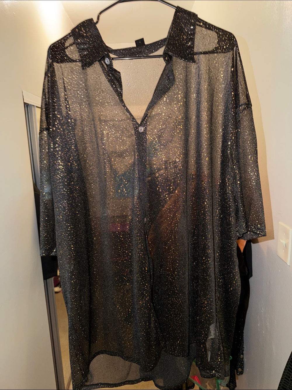 SHEIN Black Sheer Button-Front Metallic Sparkle Shirt